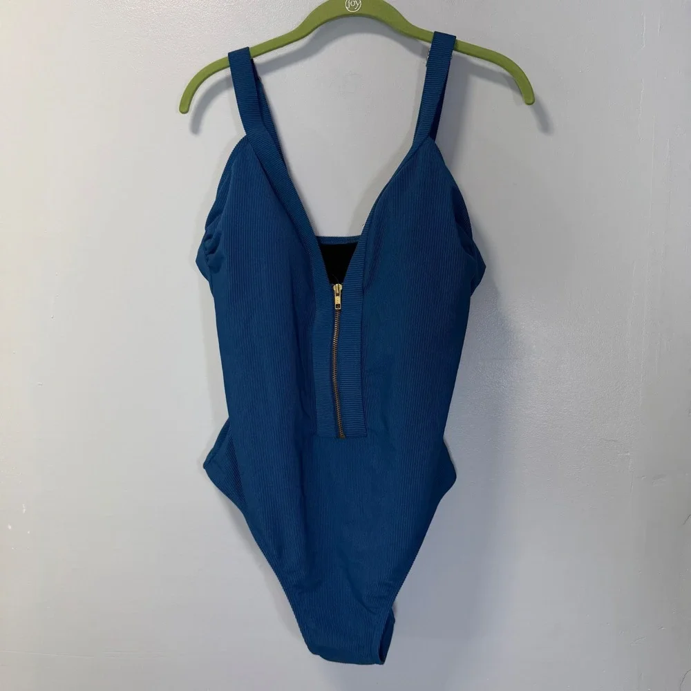 Kona‎ Sol Womens XL Blue Ribbed Front Zip One Piece Swimsuit Adjustable Straps